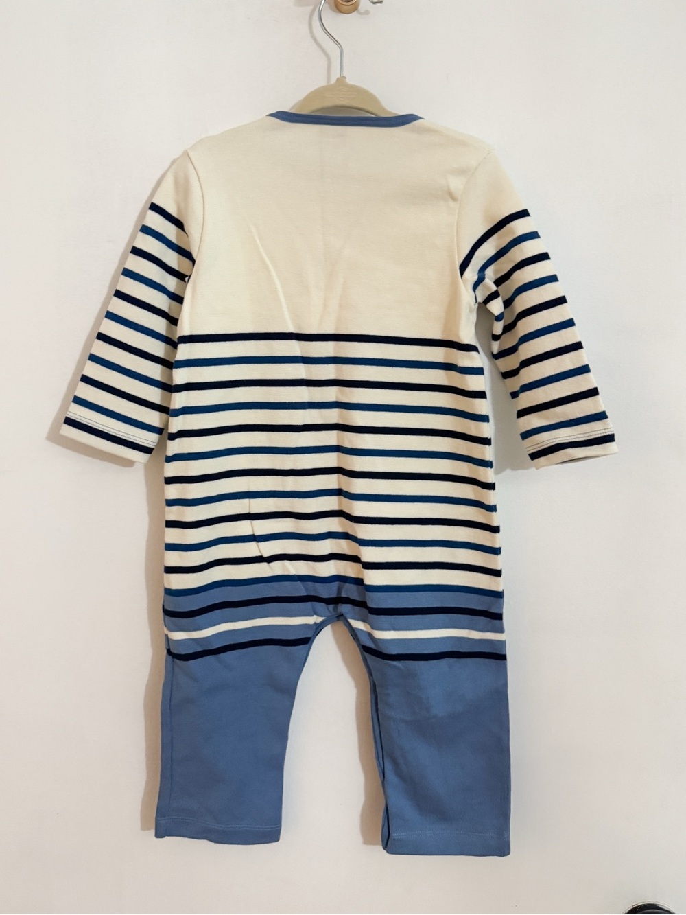 Petit Bateau Cream & Blue Striped Baby Boy One-Piece Snap Closure Onesie 18mo - Picture 3 of 6